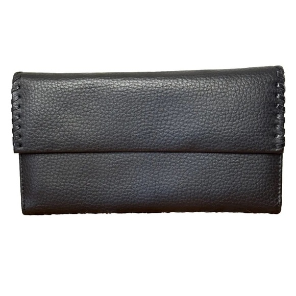 Buxton Handbags - Buxton Genuine Leather Fold Over Wallet Black With Hasi Hato Japanese Snap